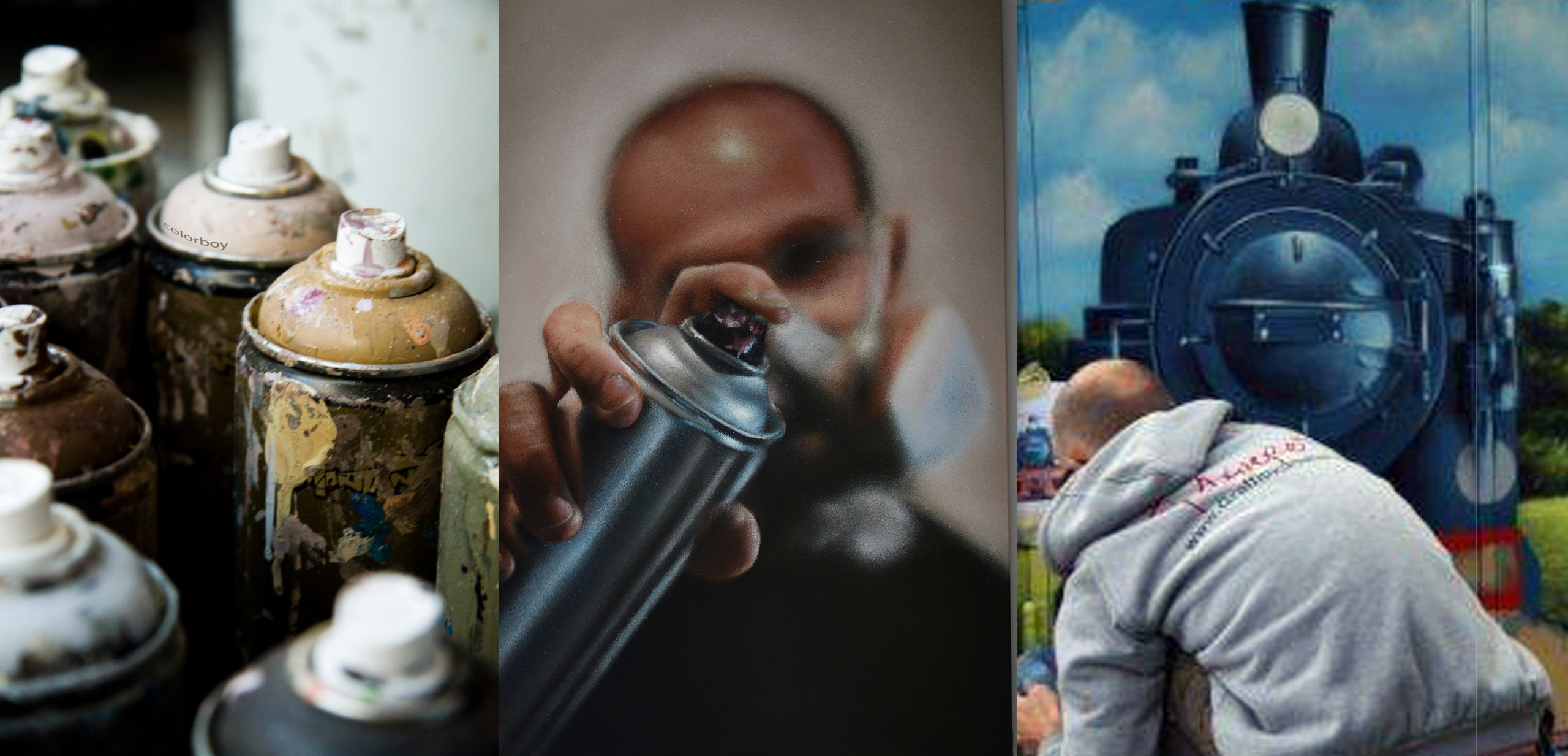 graffitikünstler bei der arbeiten dazu sprüdosen Nahaufnahme und Selbstporträt des graffitikünstlers